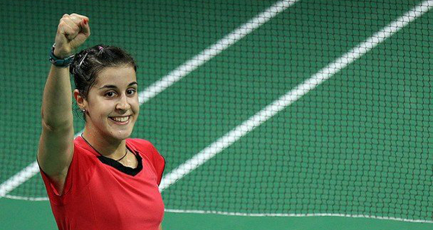 La jugadora de bádminton, Carolina Marín, celebra la victoria en un partido. Fuente: Badminton Photo