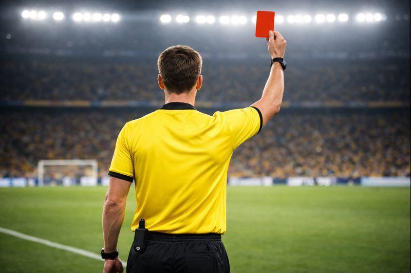 Árbitro con tarjeta roja. Fuente: Pexels